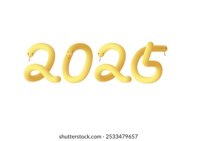 Illustration of cute three-dimensional yellow snakes lined up in the shape of 2025