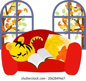 Illustration of a cute tiger and an autumn window
