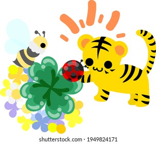 Illustration of cute tiger and bee and ladybugs and clover