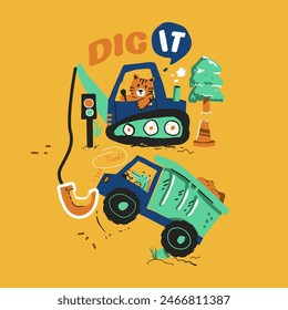 Illustration of a cute tiger cub and crocodile driving an excavator and helping each other, a fun illustration for greeting cards or t-shirt designs for boys and girls