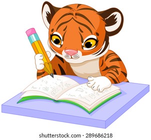Illustration of cute tiger cub studying