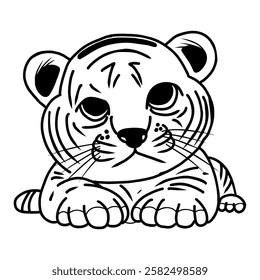 Illustration of a cute tiger cub, suitable for children's designs. Perfect for children's books, animal lovers and nature themes