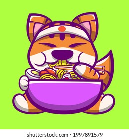 Illustration of a cute tiger eating ramen noodle cartoon vector isolated. Flat Cartoon Vector Style