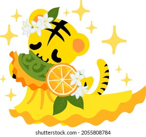 Illustration of a cute tiger in a fashionable orange dress