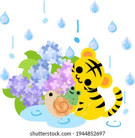 Illustration of a cute tiger and a frog and a snail spending the rainy season