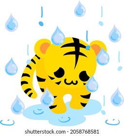 Illustration of a cute tiger getting soaked in the rain