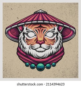 illustration cute tiger head wearing a hat