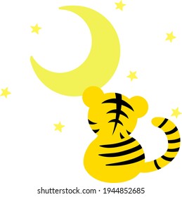 Illustration eines süßen Tigers, der auf den Nachthimmel schaut, wo der Halbmond schwimmt