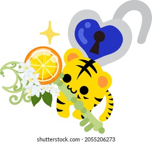 Illustration of a cute tiger and an orange key