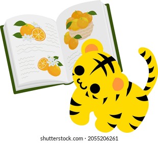 Illustration of a cute tiger and an orange picture book