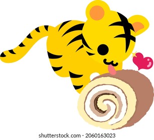 Illustration of a cute tiger and a roll cake