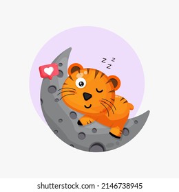 Illustration of a cute tiger sleeping on the moon