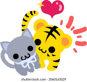 Illustration of a cute tiger and a stuffed cat