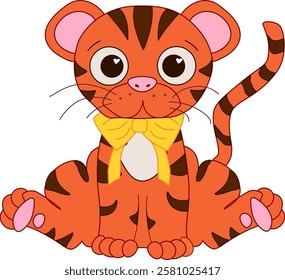 Illustration of cute tiger with yellow bow vector composition. Graphic line  chinese lunar new year, CNY lantern festival 2034 mascot

