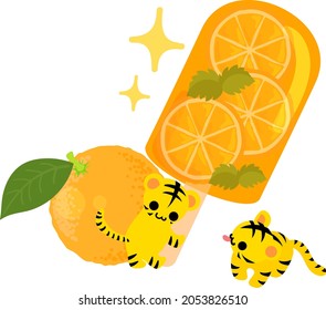 Illustration of cute tigers and orange popsicle
