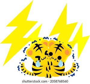 Illustration of cute tigers scared by thunder