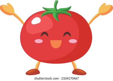 Illustration of a cute tomato that rejoices with both hands raised