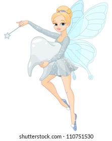Illustration of a cute Tooth Fairy flying with Tooth
