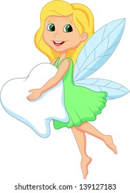 Illustration of a cute Tooth Fairy flying with Tooth