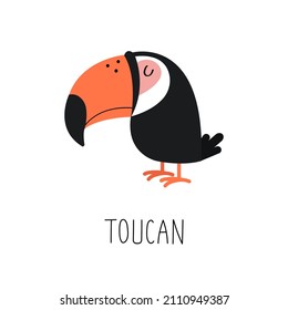 An illustration of a cute toucan.  Cartoon style tropical bird. Children education card. Isolated on white.