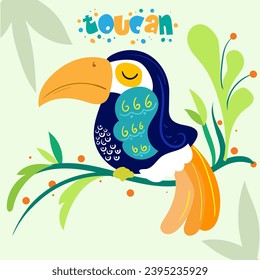 illustration of cute toucan on branch. Hand drawn childish character of toucan.Childish print for nursery. Design can be used for fashion t-shirt kids