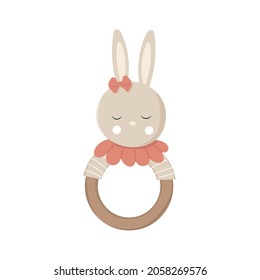 Illustration of a cute toy retro teether rattle with a bunny ​in a cartoon style. Flat vector icon