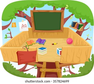 Illustration of a Cute Treehouse Classroom Cluttered with Educational Materials