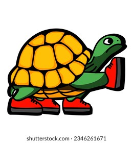 Illustration of a cute turtle cartoon walking with shoes