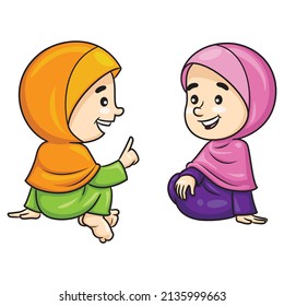 Illustration of cute two muslim girls chatting cartoon.