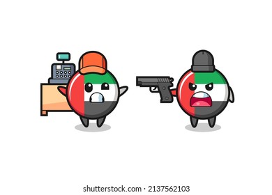 illustration of the cute uae flag badge as a cashier is pointed a gun by a robber , cute style design for t shirt, sticker, logo element