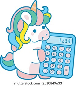 Illustration of cute unicorn activities icon.
Funny rainbow unicorn daily routine stickers.
Unicorn bring a calculator