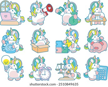 Illustration of cute unicorn activities icon.
Funny rainbow unicorn daily routine stickers.
Idea of unicorn fairy tale