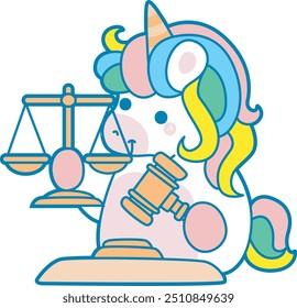 Illustration of cute unicorn activities icon.
Funny rainbow unicorn daily routine stickers.
Unicorn bring a hammer and scales