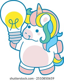 Illustration of cute unicorn activities icon.
Funny rainbow unicorn daily routine stickers.
Unicorn bring a bulb of lamp
