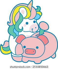 Illustration of cute unicorn activities icon.
Funny rainbow unicorn daily routine stickers.
Unicorn saving money in the piggy bank