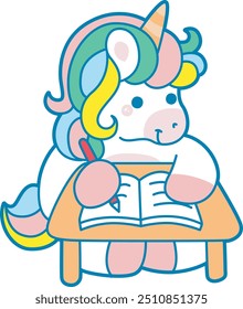 Illustration of cute unicorn activities icon.
Funny rainbow unicorn daily routine stickers.
Unicorn do homework