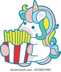 Illustration of cute unicorn activities icon.
Funny rainbow unicorn daily routine stickers.
Unicorn bring a french fries