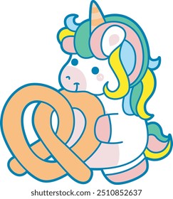 Illustration of cute unicorn activities icon.
Funny rainbow unicorn daily routine stickers.
Unicorn bring a pretzel