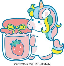 Illustration of cute unicorn activities icon.
Funny rainbow unicorn daily routine stickers.
Unicorn bring a strawberry jam