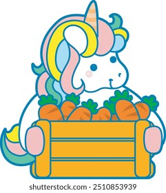 Illustration of cute unicorn activities icon.
Funny rainbow unicorn daily routine stickers.
Unicorn bring a bucket of carrots