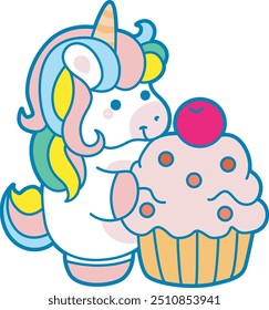 Illustration of cute unicorn activities icon.
Funny rainbow unicorn daily routine stickers.
Unicorn bring a cupcake