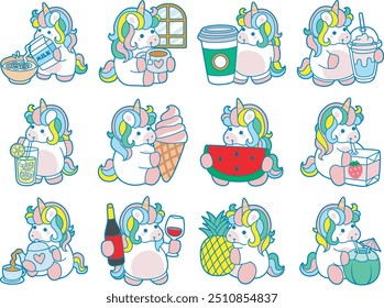 Illustration of cute unicorn activities icon.
Funny rainbow unicorn daily routine stickers.
Unicorn in variation of drink