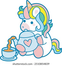 Illustration of cute unicorn activities icon.
Funny rainbow unicorn daily routine stickers.
Unicorn pour a tea on the cup