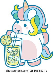 Illustration of cute unicorn activities icon.
Funny rainbow unicorn daily routine stickers.
Unicorn drinkng an orange juice