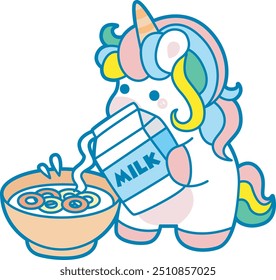 Illustration of cute unicorn activities icon.
Funny rainbow unicorn daily routine stickers.
Unicorn pour a milk into cereal