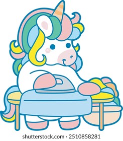 Illustration of cute unicorn activities icon.
Funny rainbow unicorn daily routine stickers.
Unicorn ironing a clothes