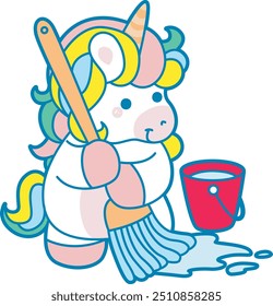 Ilustración de lindo icono de actividades de unicornio.
Divertidas pegatinas de rutina diaria de unicornio arcoíris.
Unicornio limpia el suelo con fregona