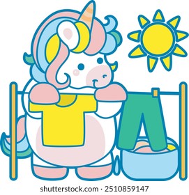 Illustration of cute unicorn activities icon.
Funny rainbow unicorn daily routine stickers.
Unicorn dry and clean the clothes