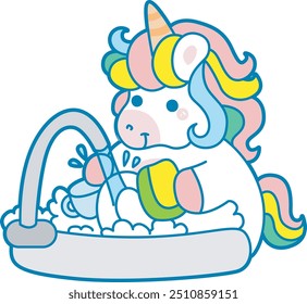 Illustration von niedlichen Einhorn Aktivitäten Symbol.
Lustige Regenbogen Einhorn täglichen Routine Aufkleber.
Einhorn Reinigung von Tellern und Tassen mit Wasser, Schwamm und Seife 