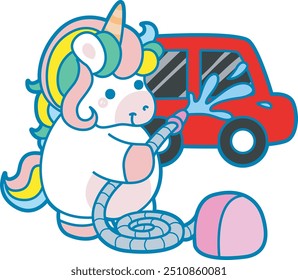 Illustration of cute unicorn activities icon.
Funny rainbow unicorn daily routine stickers.
Unicorn washing a car in car wash